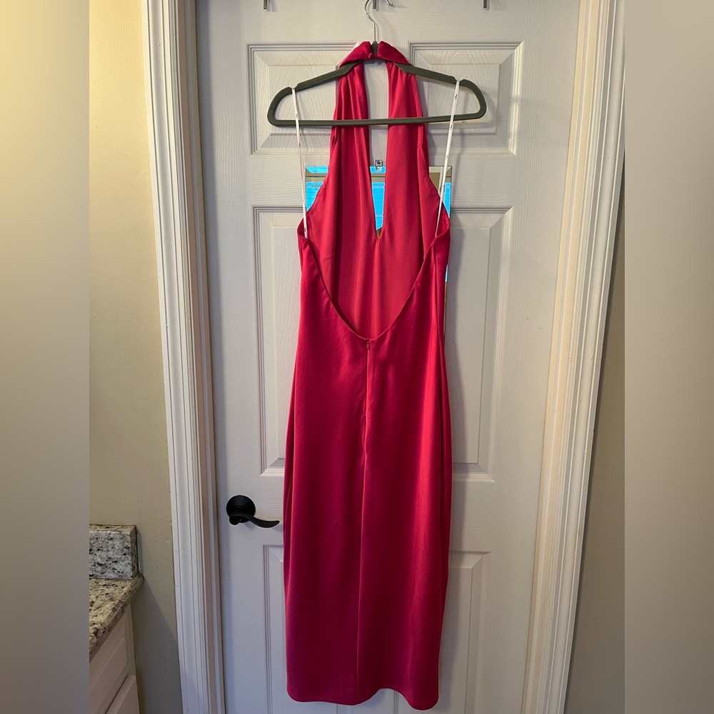 Lulus Beyond Classy Hot Pink Satin Halter Midi Dress - Size L - Picture 3 of 4